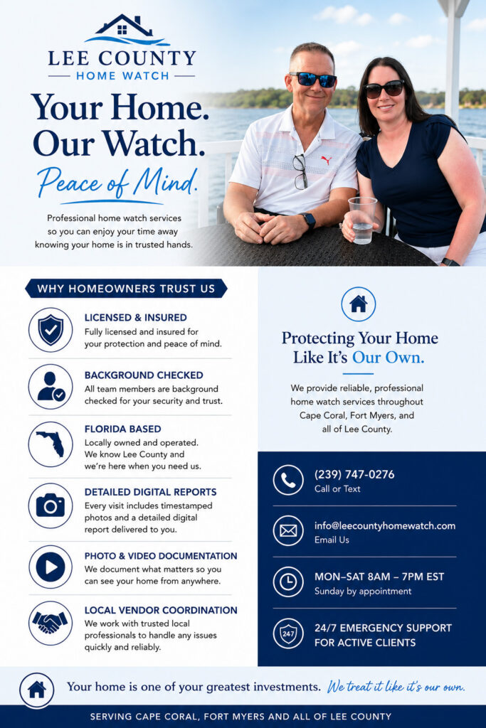 Lee County Home Watch trust factors including professional home watch services, digital reporting, hurricane monitoring, vendor coordination, and local property oversight in Cape Coral and Fort Myers Florida