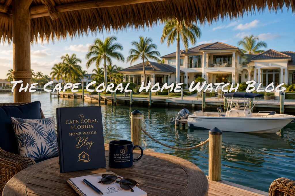 Luxury waterfront home in Cape Coral, Florida with a canal, boat dock, tiki hut patio, and Cape Coral Florida Home Watch Blog book, representing seasonal homeownership and property protection tips.
