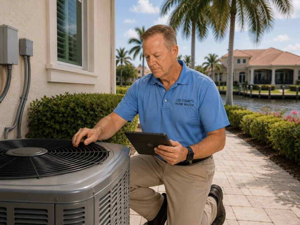 Professional home watch inspection of an air conditioning system at a luxury seasonal residence in Cape Coral Florida