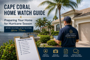 Lee County Home Watch inspector checking a Cape Coral waterfront home before hurricane season to help protect a seasonal Florida residence from storm damage.