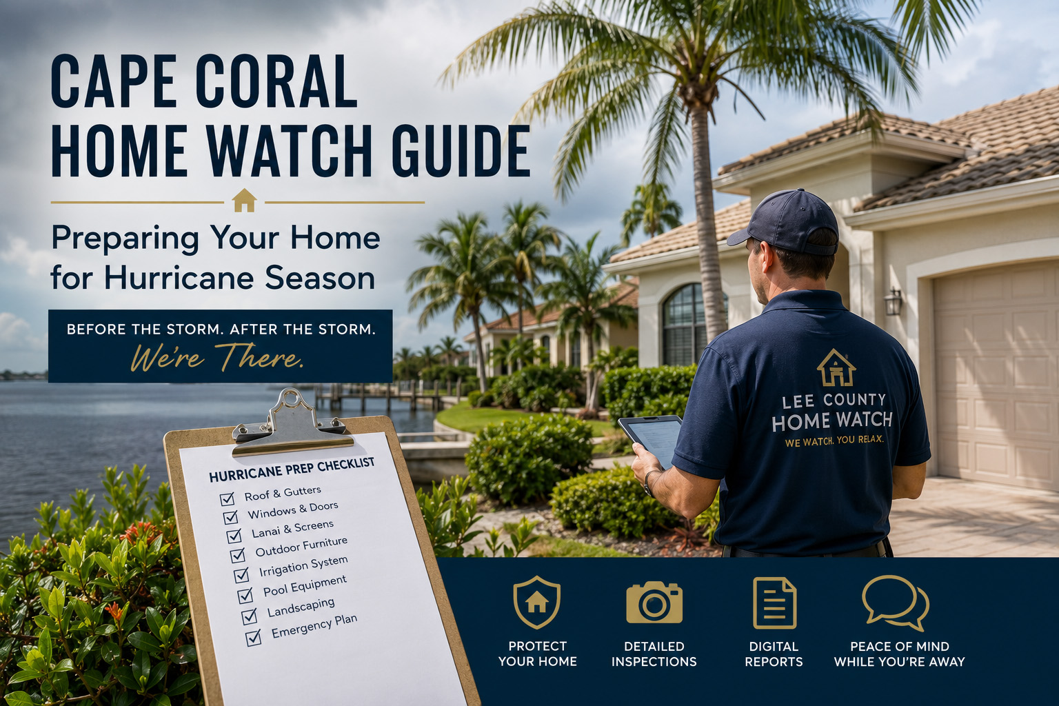 Lee County Home Watch inspector checking a Cape Coral waterfront home before hurricane season to help protect a seasonal Florida residence from storm damage.