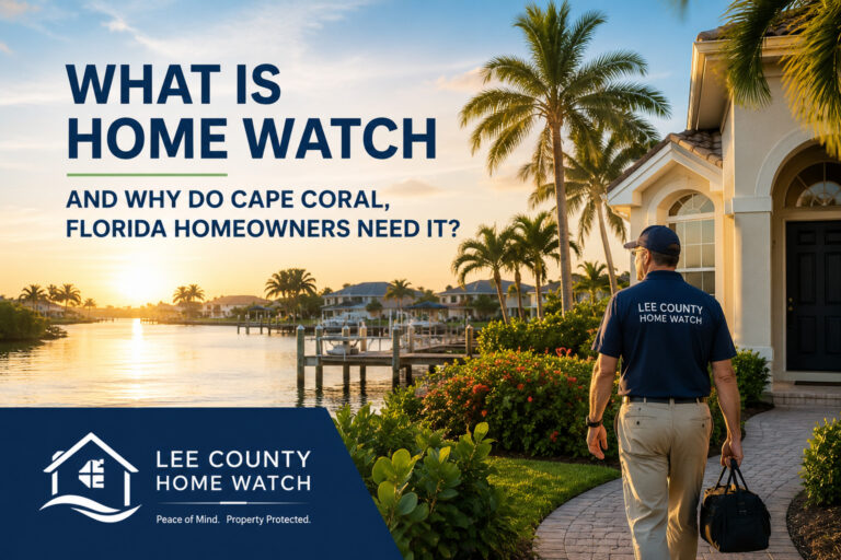 Home watch professional inspecting a waterfront home in Cape Coral, Florida while providing property monitoring services for seasonal and absentee homeowners.
