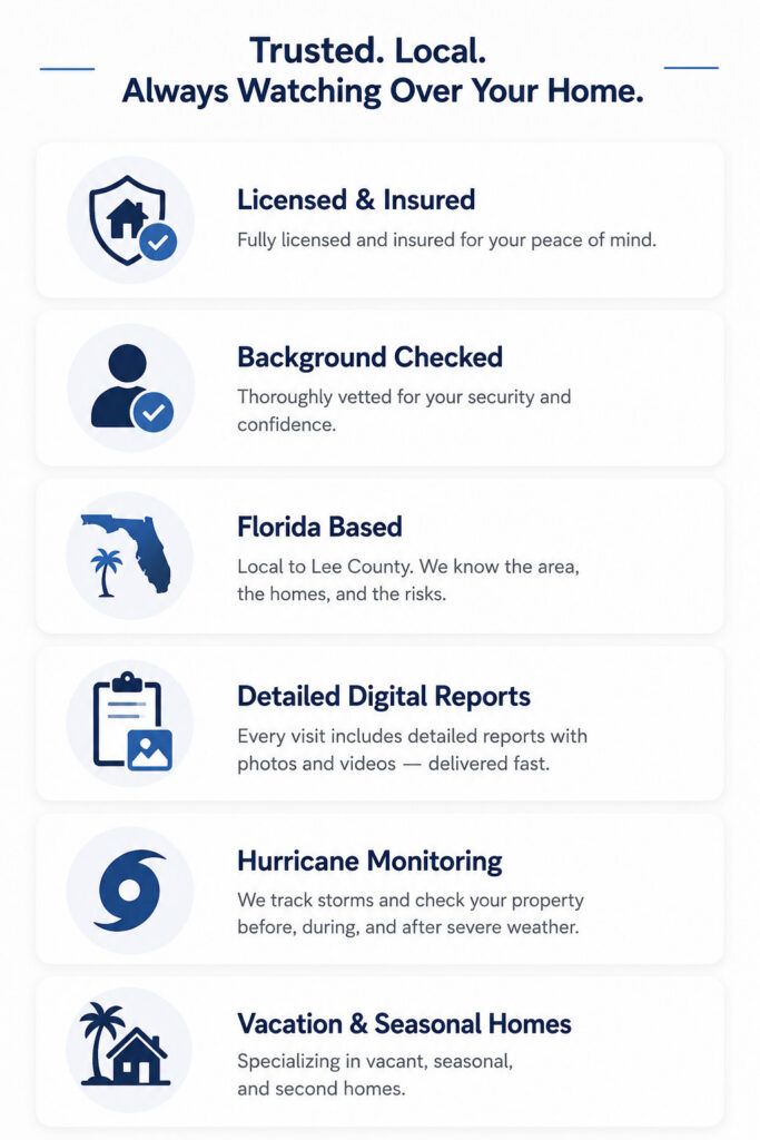 Lee County Home Watch trust factors including licensed and insured service, background checked professionals, hurricane monitoring, digital reporting, and seasonal home inspections in Cape Coral and Fort Myers Florida