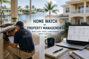 Professional Home Watch inspector performing a vacant home inspection in a Cape Coral waterfront residence while documenting property conditions.