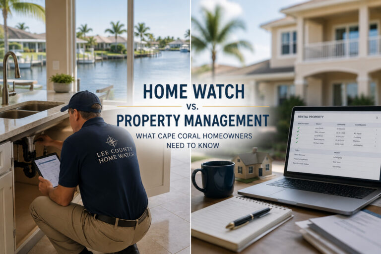 Professional Home Watch inspector performing a vacant home inspection in a Cape Coral waterfront residence while documenting property conditions.