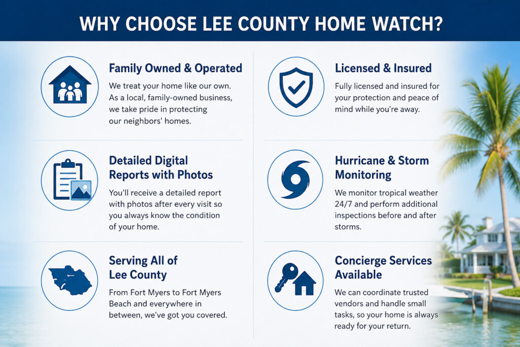 Infographic highlighting the benefits of professional Fort Myers Beach home watch services, including detailed reports, hurricane monitoring, and concierge services.