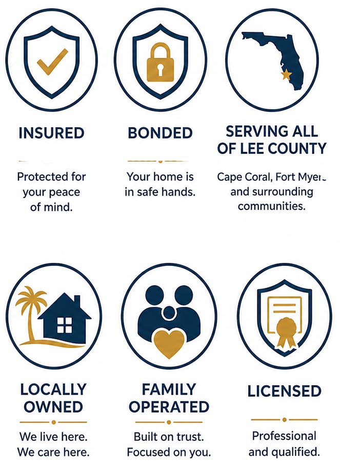 Lee County Home Watch trust badges showing the company is insured, bonded, licensed, locally owned, family operated, and serving Cape Coral and all of Lee County with professional home watch services.