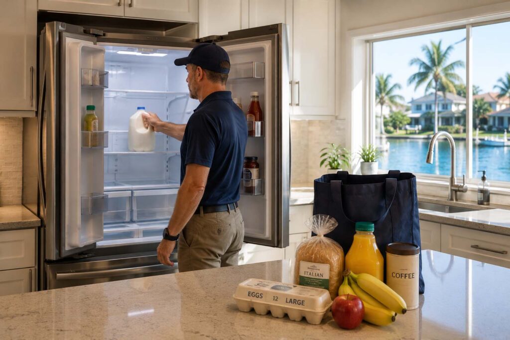 A Lee County Home Watch professional stocks groceries in the refrigerator of a luxury Cape Coral home before a seasonal homeowner arrives, providing concierge services that prepare the home for a comfortable return to Florida.