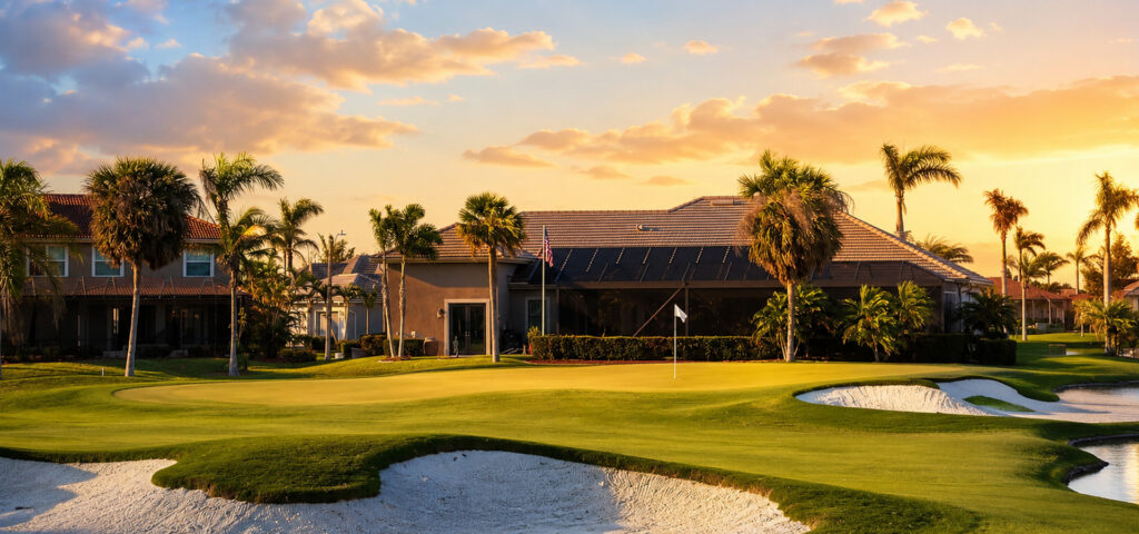 Beautiful homes overlooking the golf course at Cape Royal Golf Club in Cape Coral, Florida, representing professional home watch services for seasonal homeowners and snowbirds.