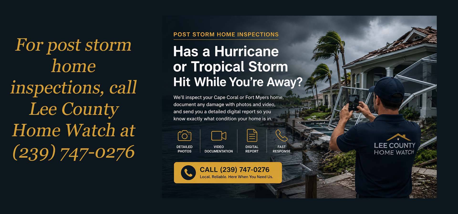 Lee County Home Watch inspector documenting hurricane damage at a Cape Coral waterfront home after a tropical storm, providing a detailed post storm home inspection with photos, video, and digital reporting. Displays Lee County Home Watch contact information 239-747-0276