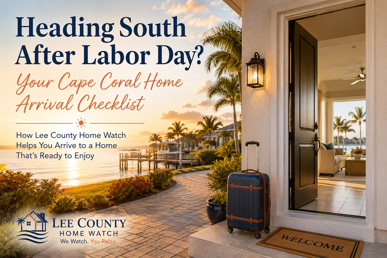 A seasonal homeowner arrives at a luxury Cape Coral waterfront home that has been professionally prepared by Lee County Home Watch, featuring a cool, clean interior, stocked groceries, and personalized concierge services before returning to Florida for the winter.
